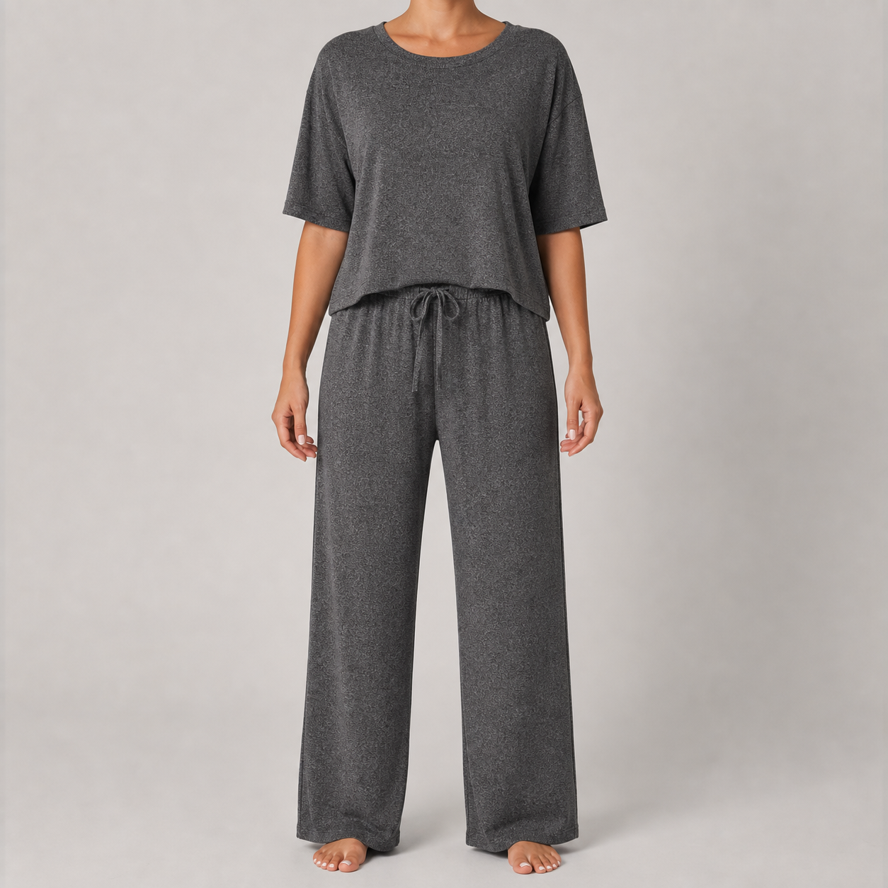 Charcoal heather women's relaxed top and wide-leg pants lounge set front view