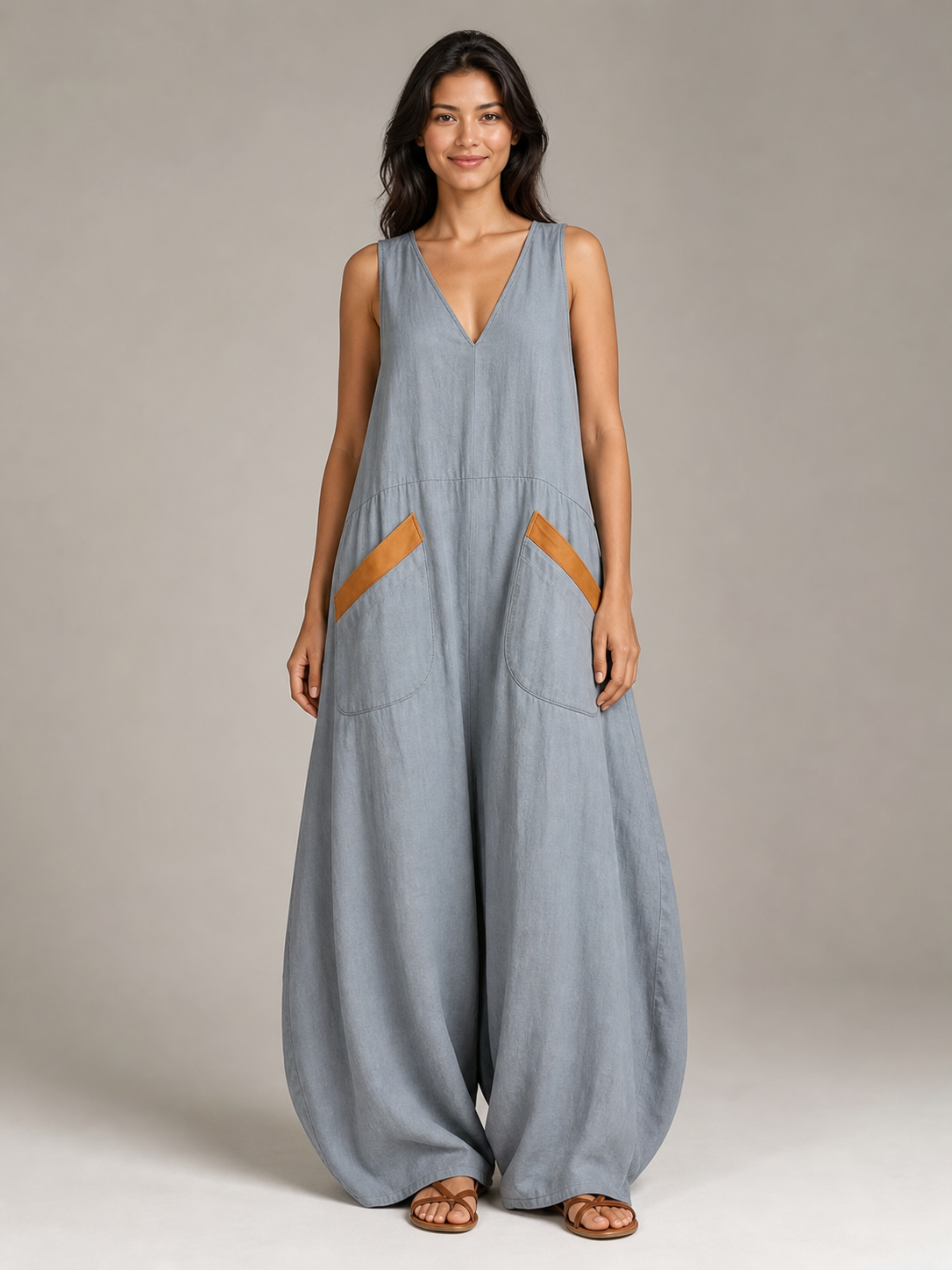 Women's gray blue contrast-pocket sleeveless wide-leg jumpsuit front view