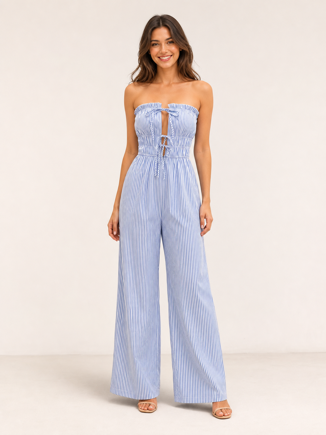 Women's blue and white striped strapless tie-front wide-leg jumpsuit front view