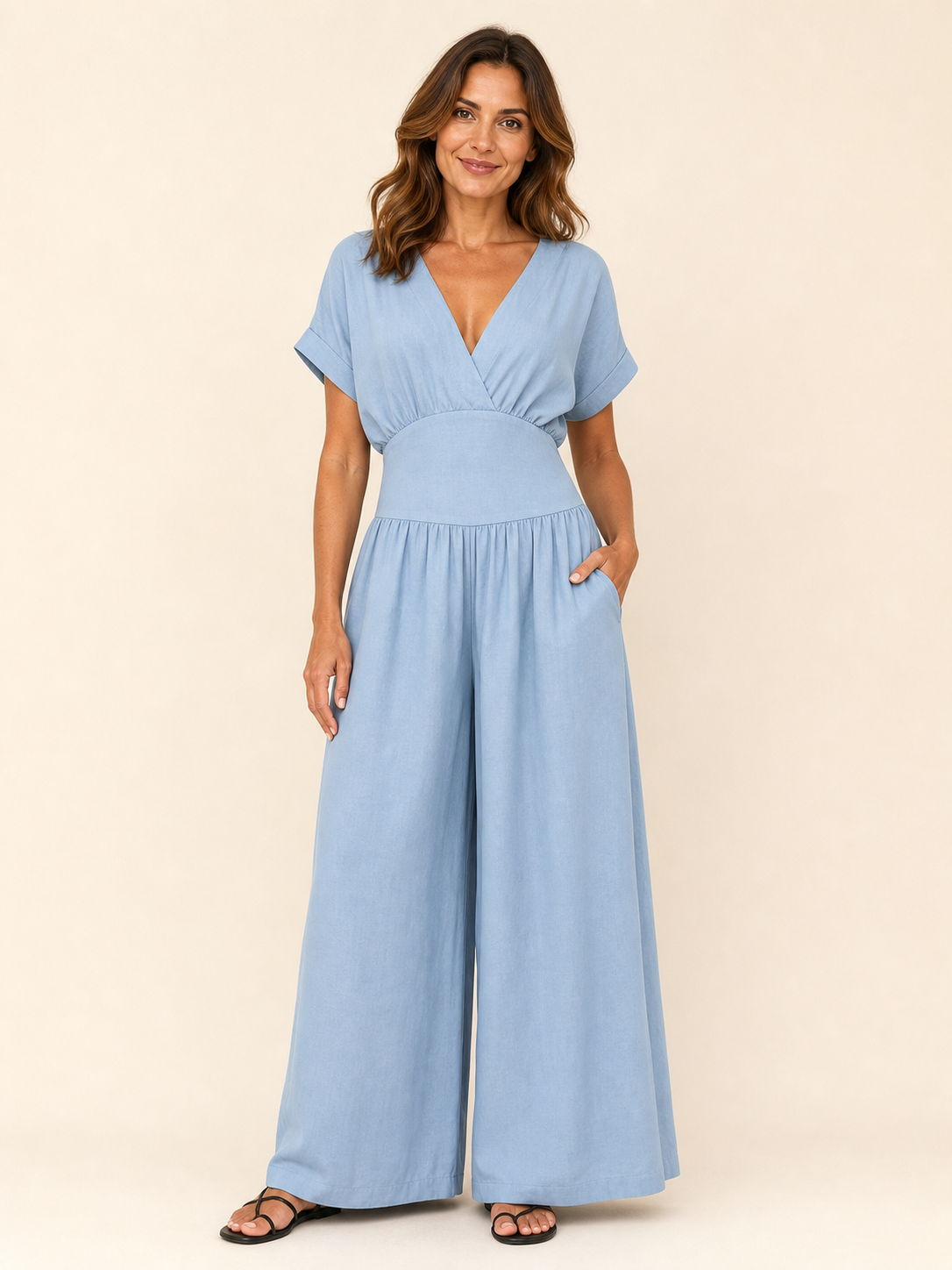 Women's light blue surplice high-waist wide-leg jumpsuit front view