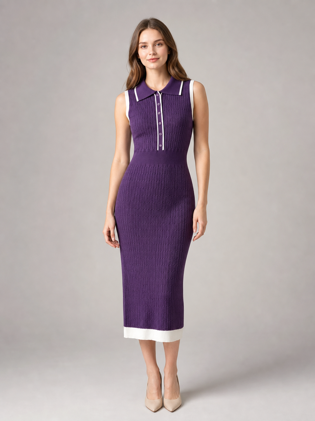 Women's purple contrast-trim sleeveless knit polo midi dress front view