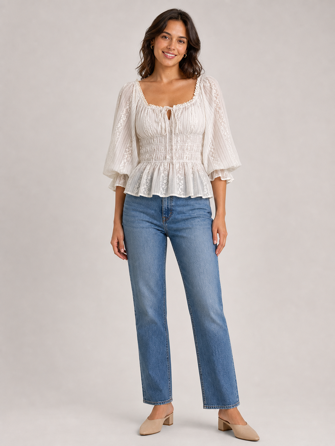 Women's ivory square-neck tie smocked-waist lace blouse front view