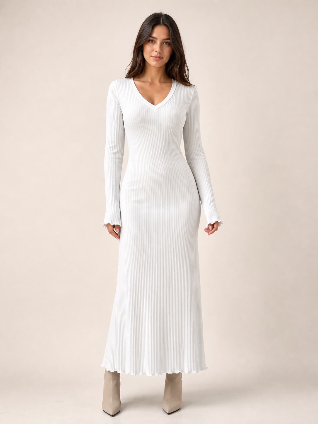 Women's white ribbed V-neck long sleeve fitted maxi dress front view