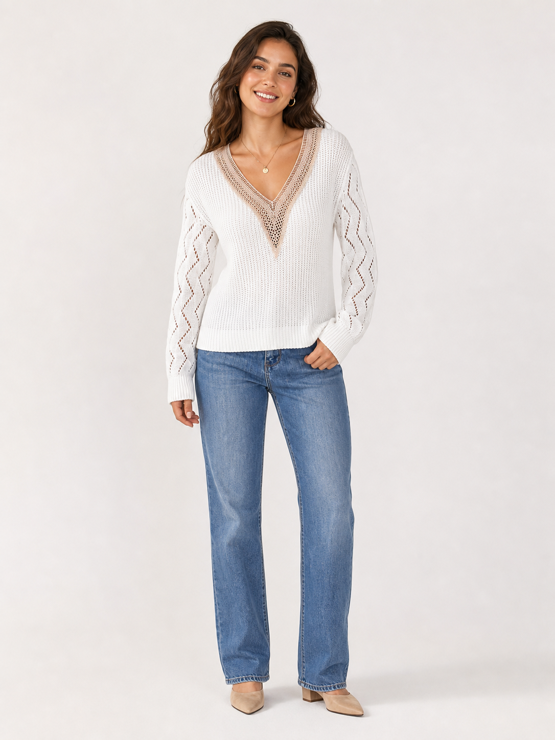 Women's white openwork crochet V-neck knit top front view