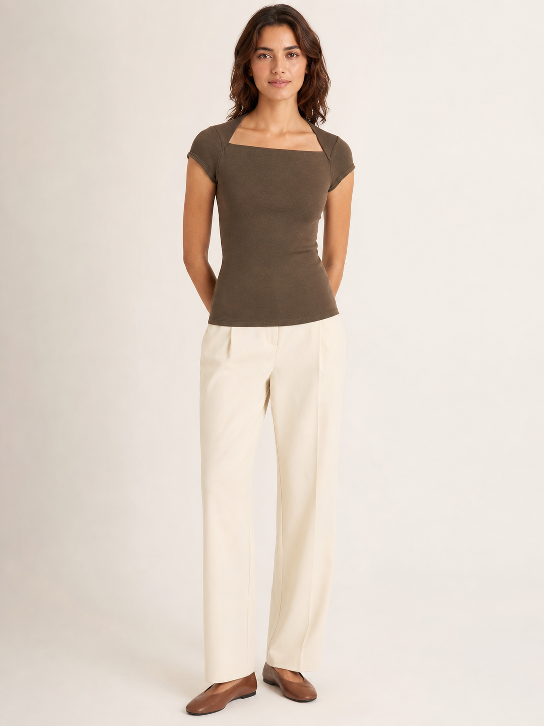 Front view of women's cocoa brown square-neck fitted top