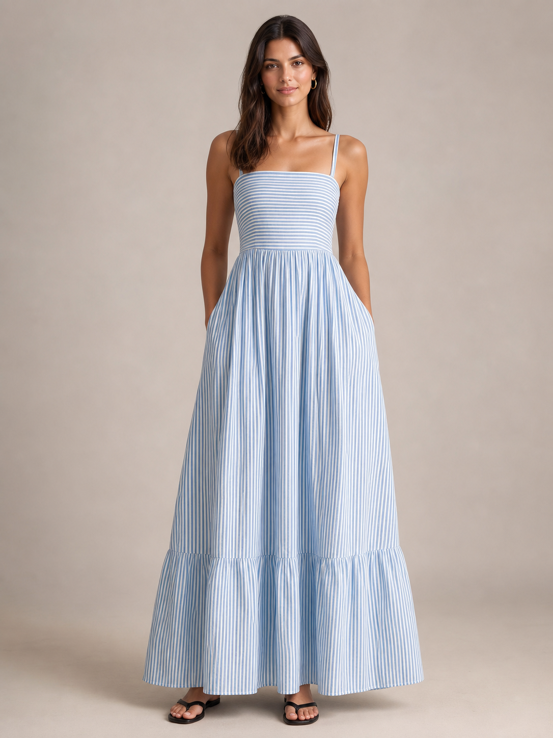 Women's blue-white striped spaghetti-strap tiered maxi dress front view