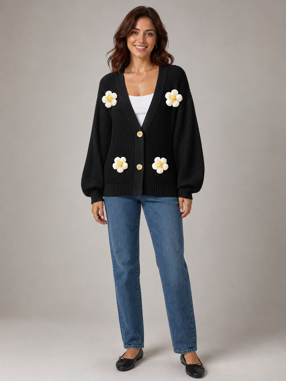 Women's black 3D daisy open-knit button cardigan front view