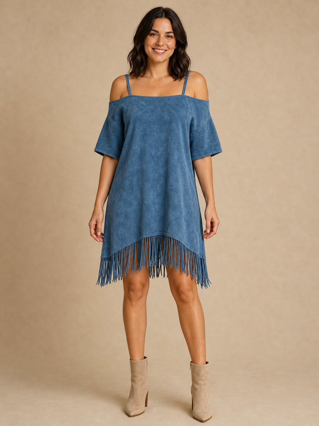 Women's washed blue cold shoulder fringe shift mini dress front view