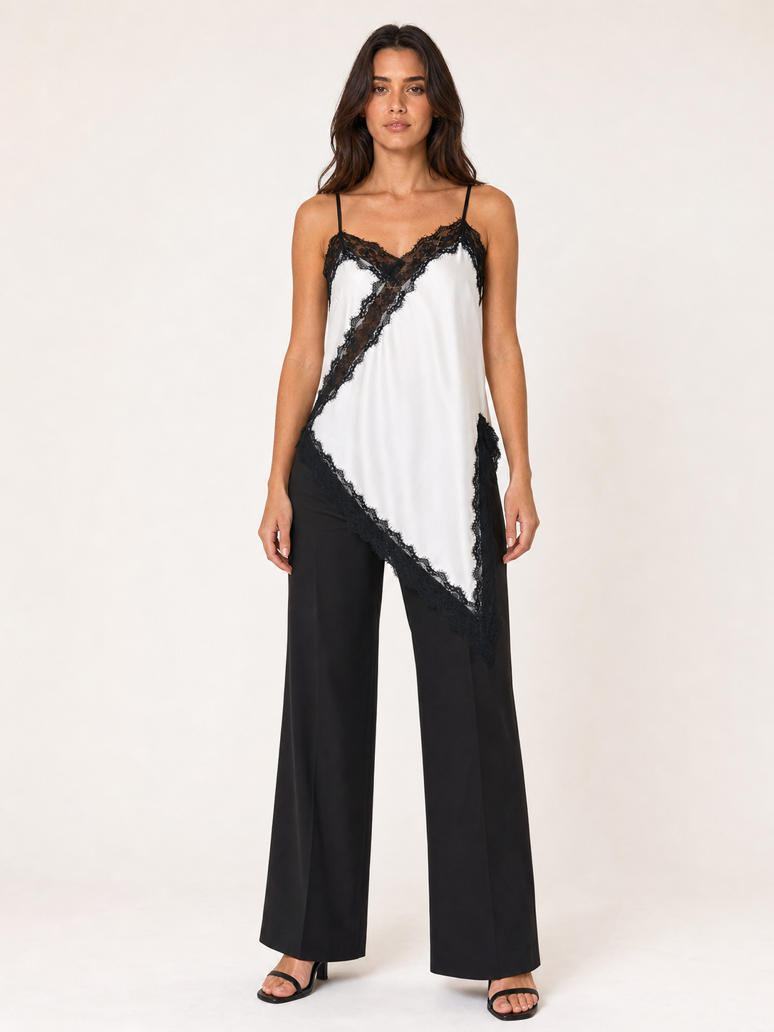 Women's black and white lace asymmetric longline camisole front view