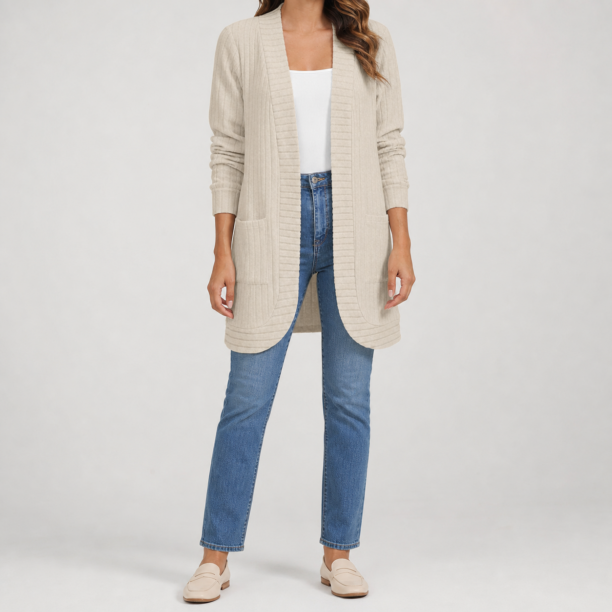 Oatmeal beige women's ribbed open-front long cardigan front view
