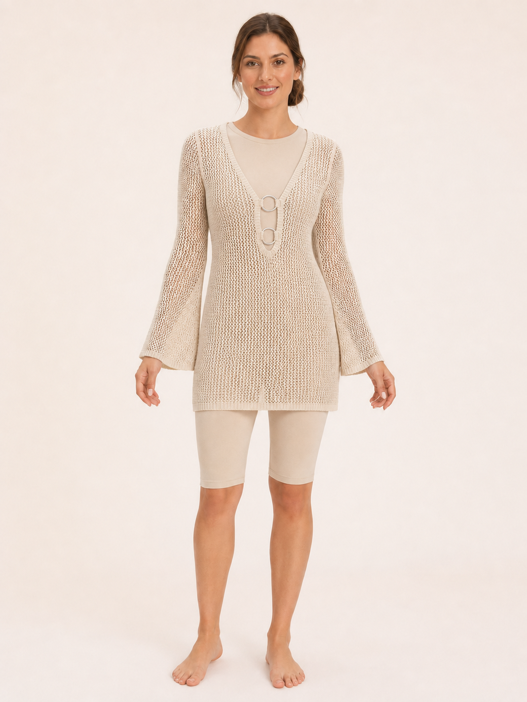 Women's warm beige double-ring open-knit bell-sleeve cover-up front view