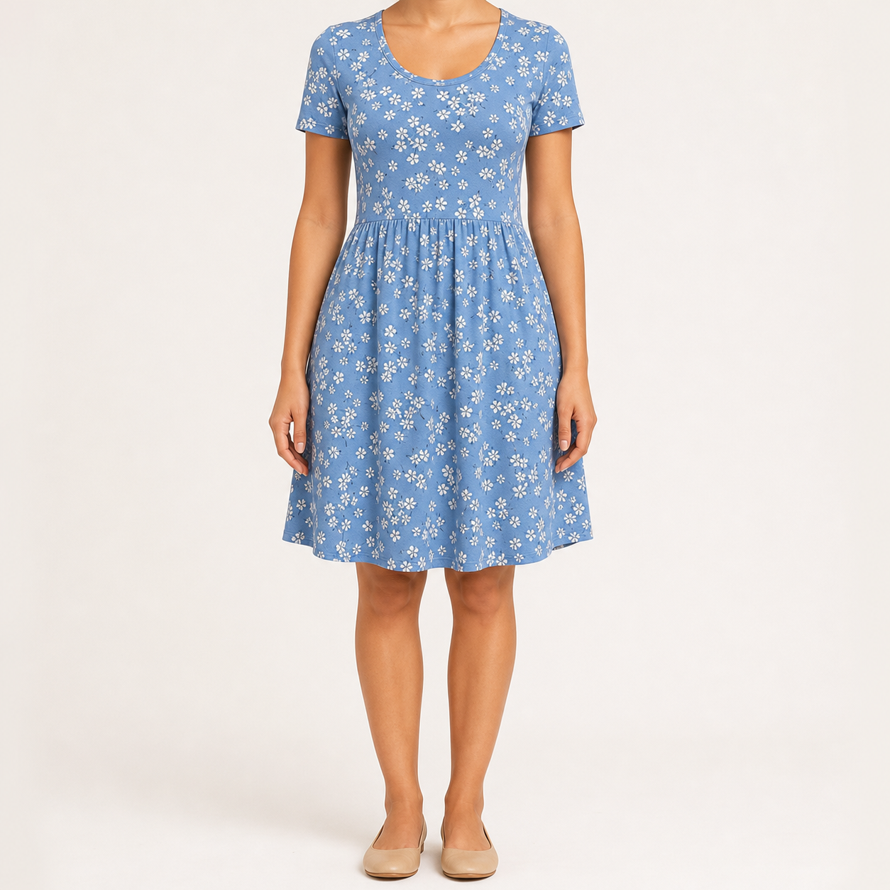 Dusty blue floral scoop neck pocket dress