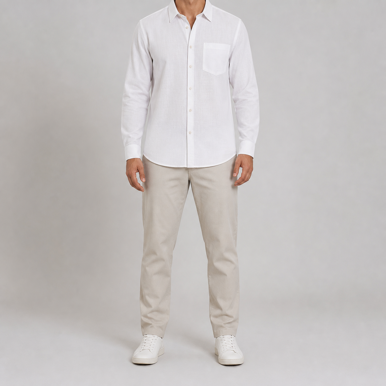 White men's textured long-sleeve button-up shirt