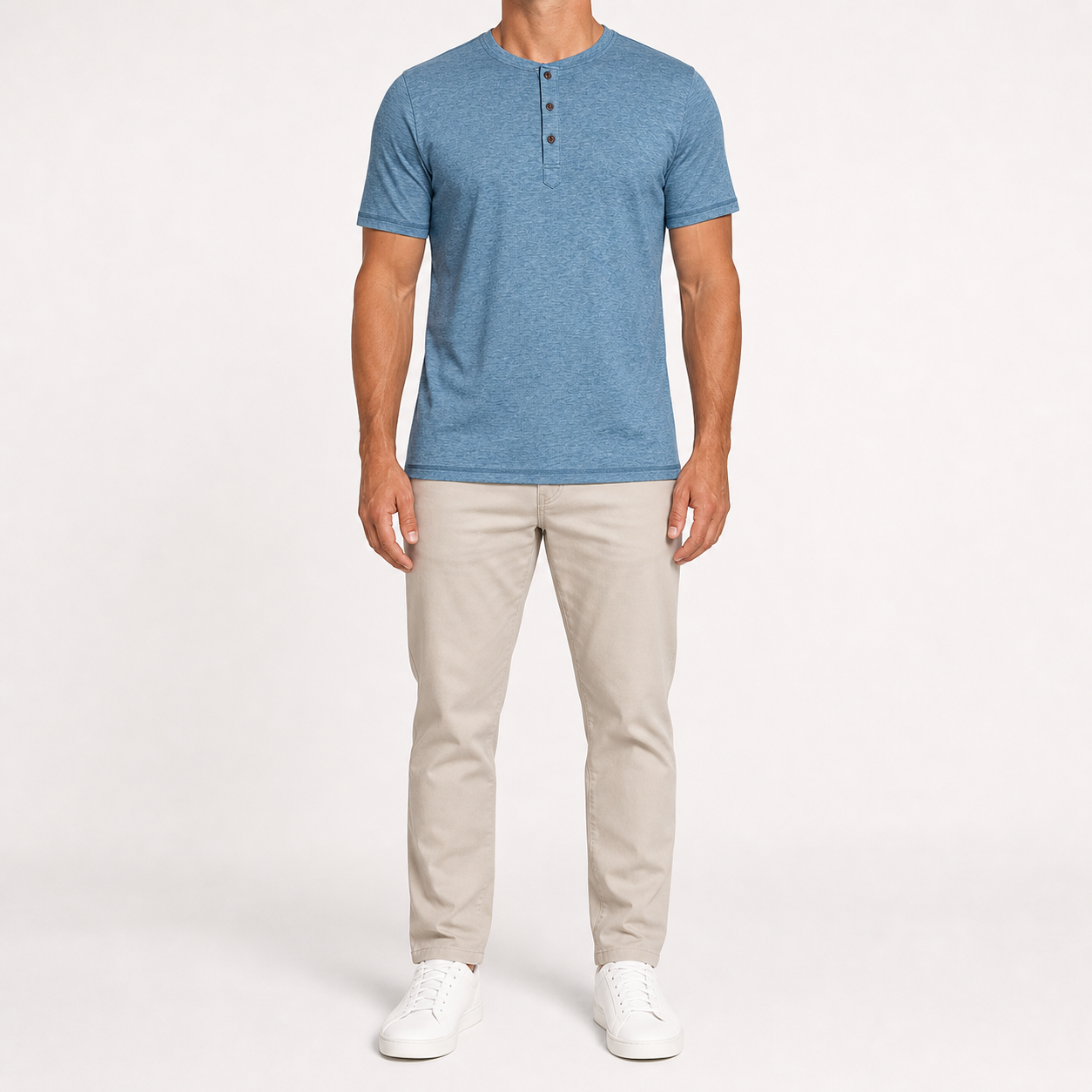 Men's heathered slate blue short-sleeve Henley front view