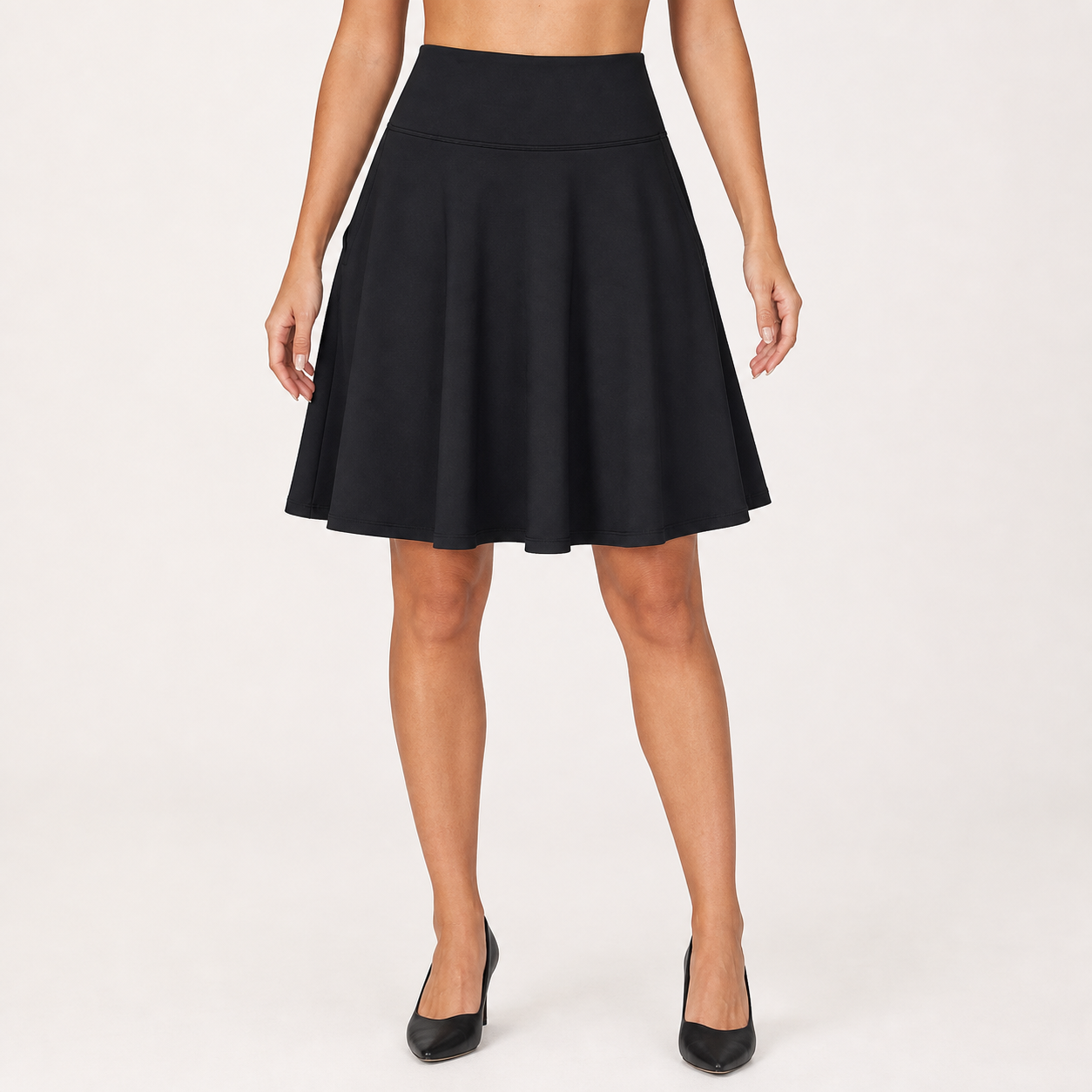 Black high-waist pocket skater skirt front view