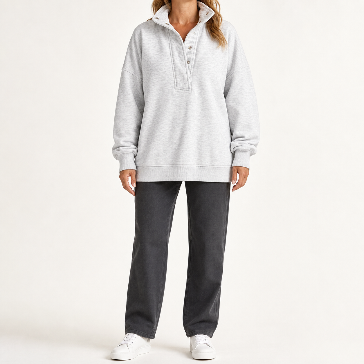 Women's light heather gray snap-collar relaxed pullover