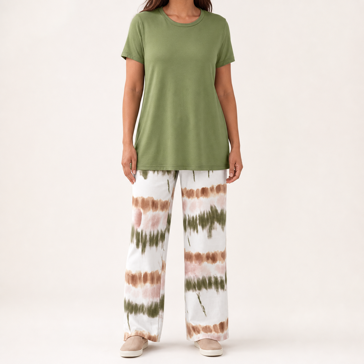 Olive green women's short sleeve top and tie dye wide leg pants lounge set
