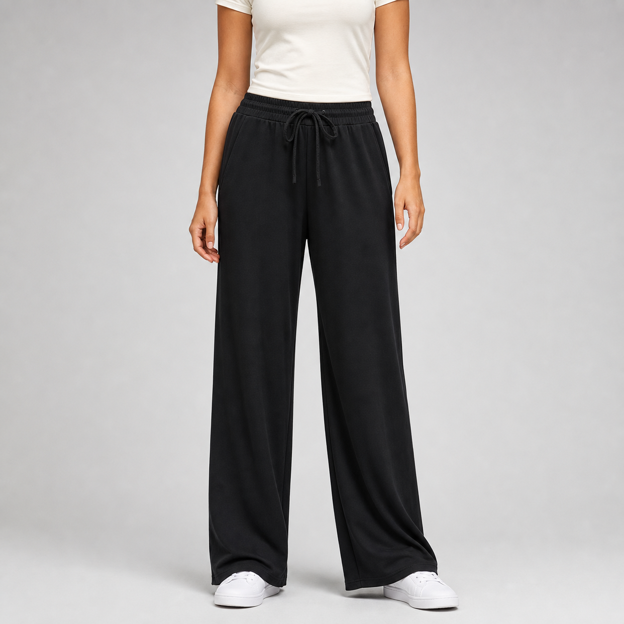 Black women's drawstring relaxed wide-leg pants