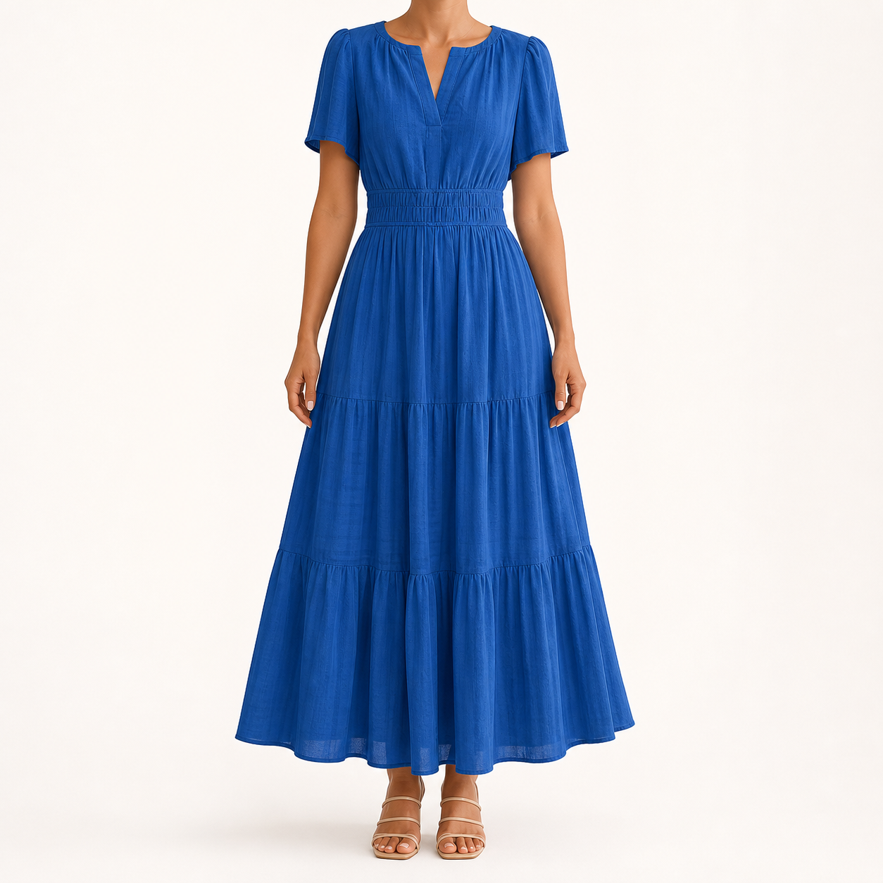 Women's royal blue smocked-waist tiered maxi dress