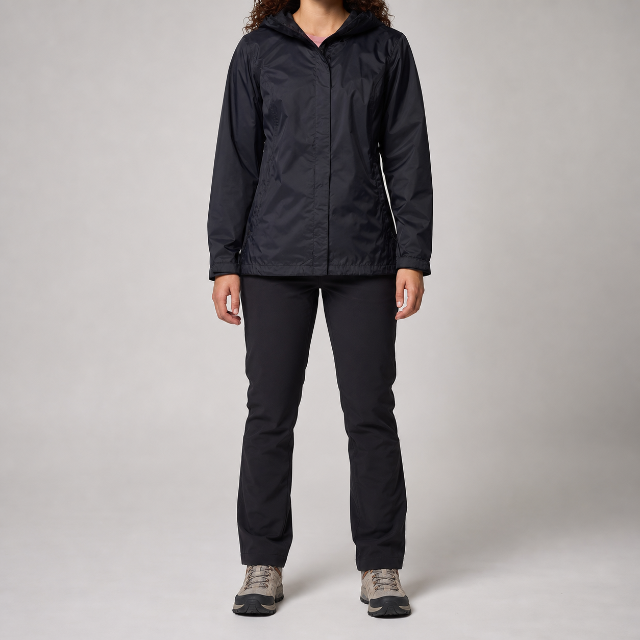 Black lightweight hooded shell jacket front view