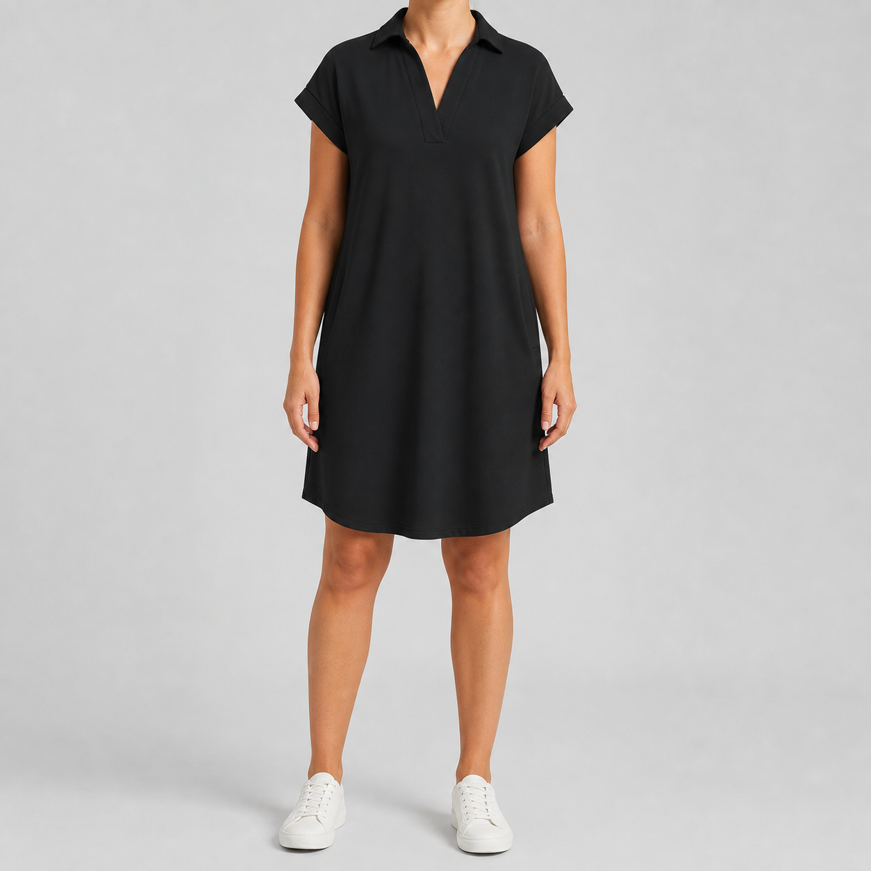 Black women's relaxed collared short-sleeve pocket dress