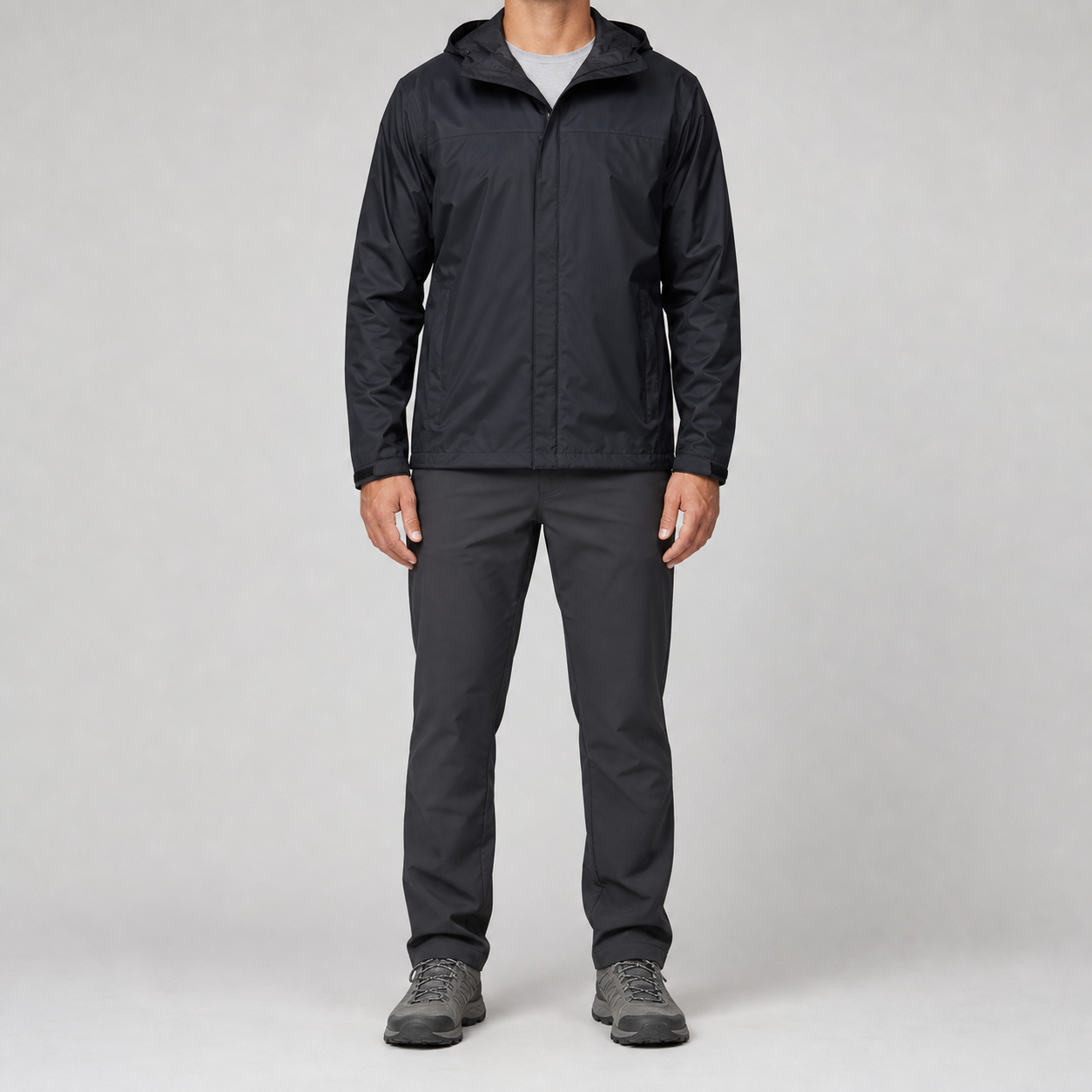 Black men's lightweight hooded shell jacket front view