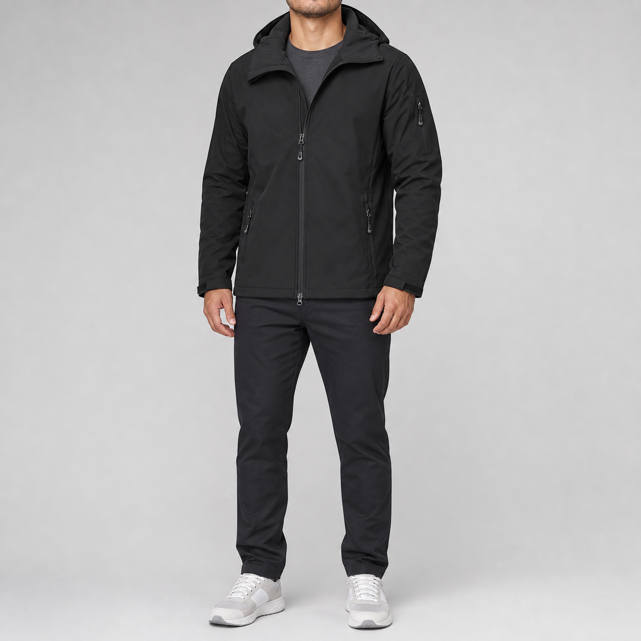 Black men's warm hooded full-zip softshell jacket