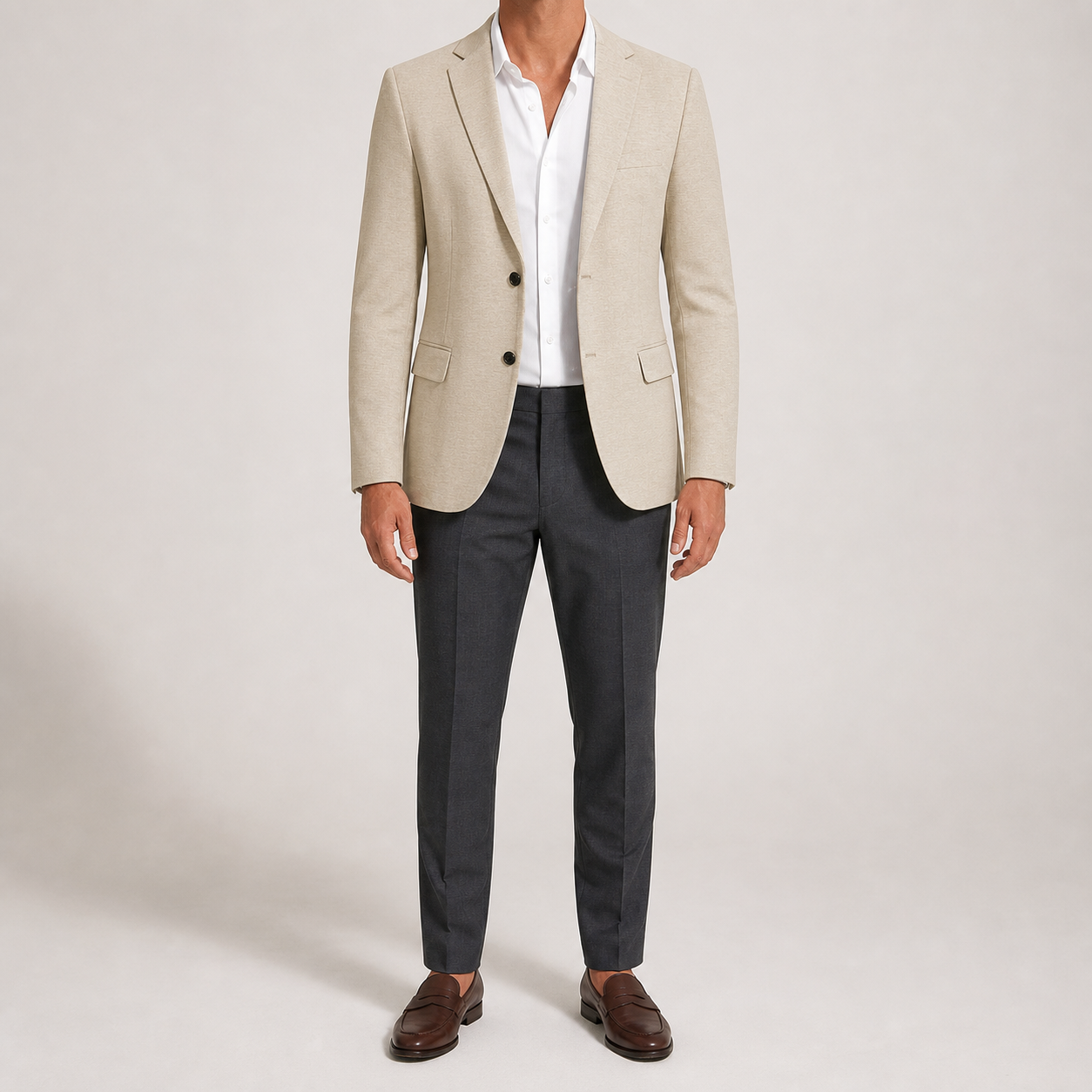 Light beige men's two-button tailored blazer front view