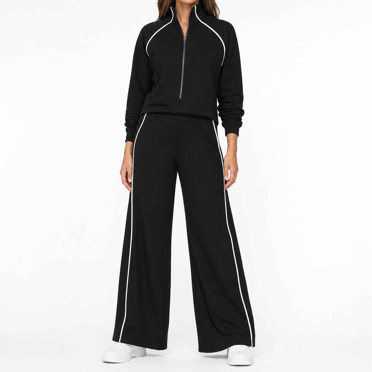 Black women's quarter-zip wide-leg two-piece set front view