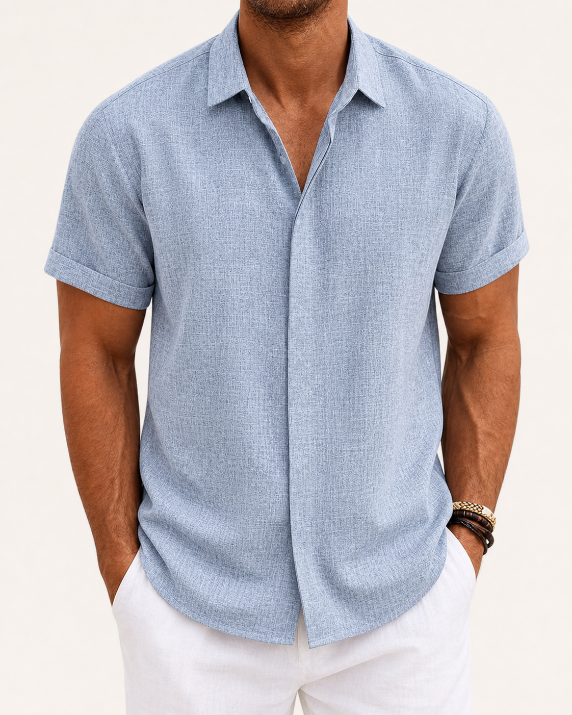 Light blue men's textured short-sleeve shirt
