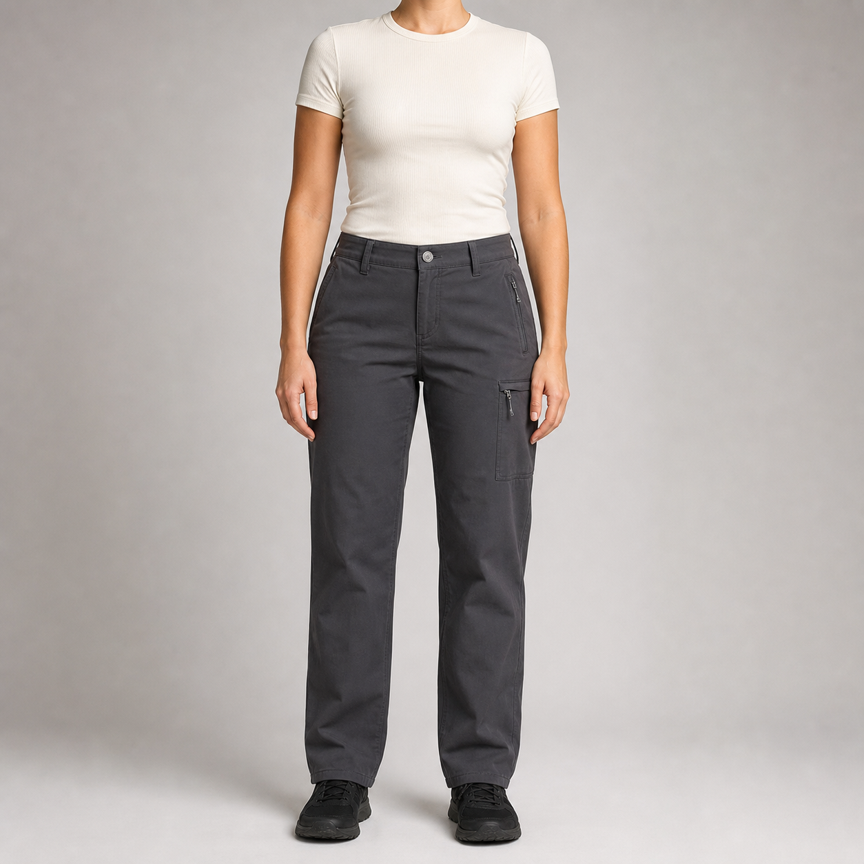 Charcoal gray women's zip-pocket cargo pants front view