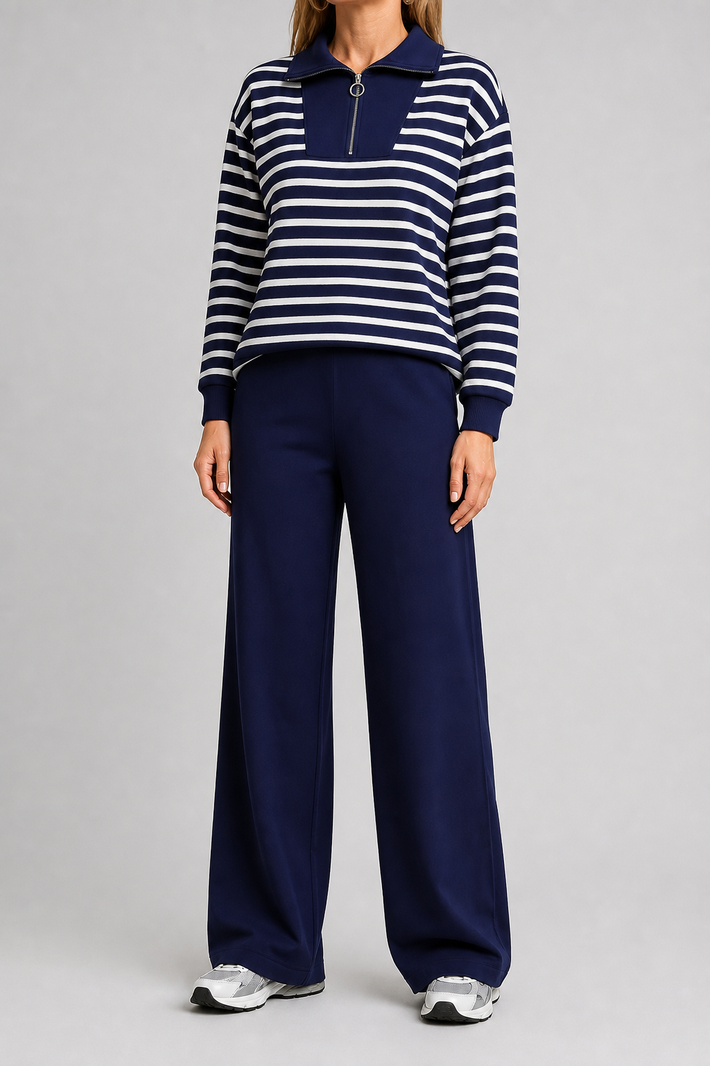Navy stripe women's quarter-zip wide-leg set front view