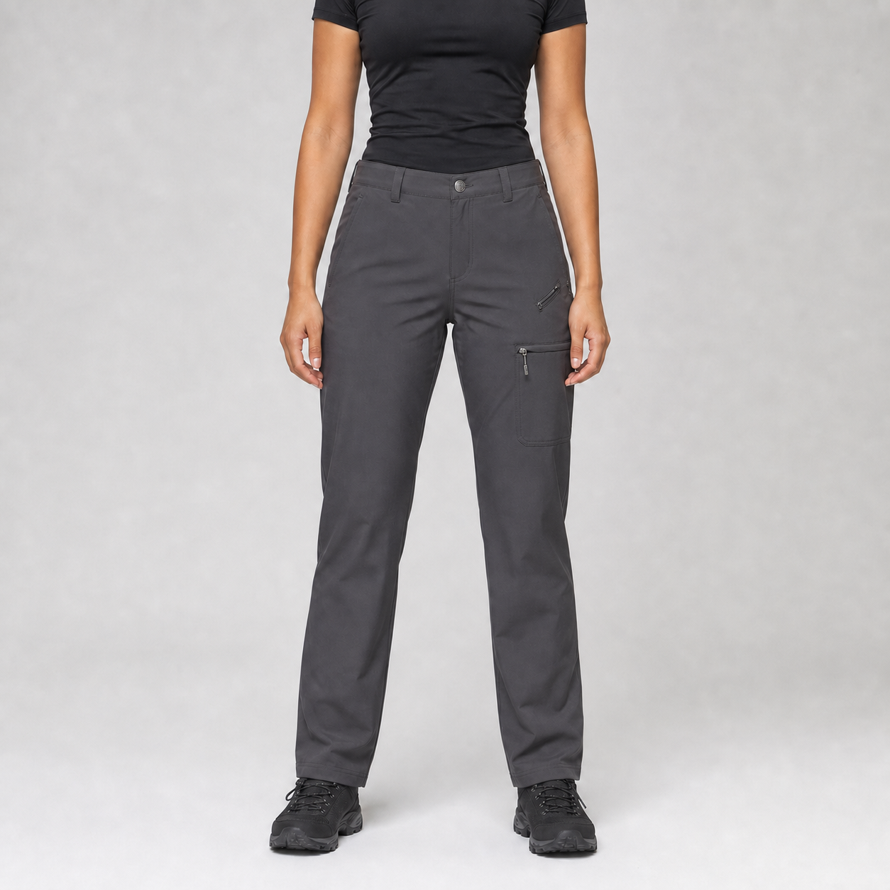 Charcoal gray women's straight-leg cargo hiking pants front view