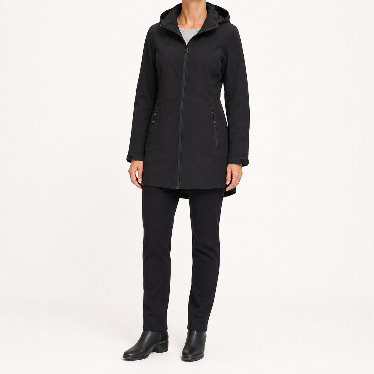 Black women's hooded mid-length zip jacket front view