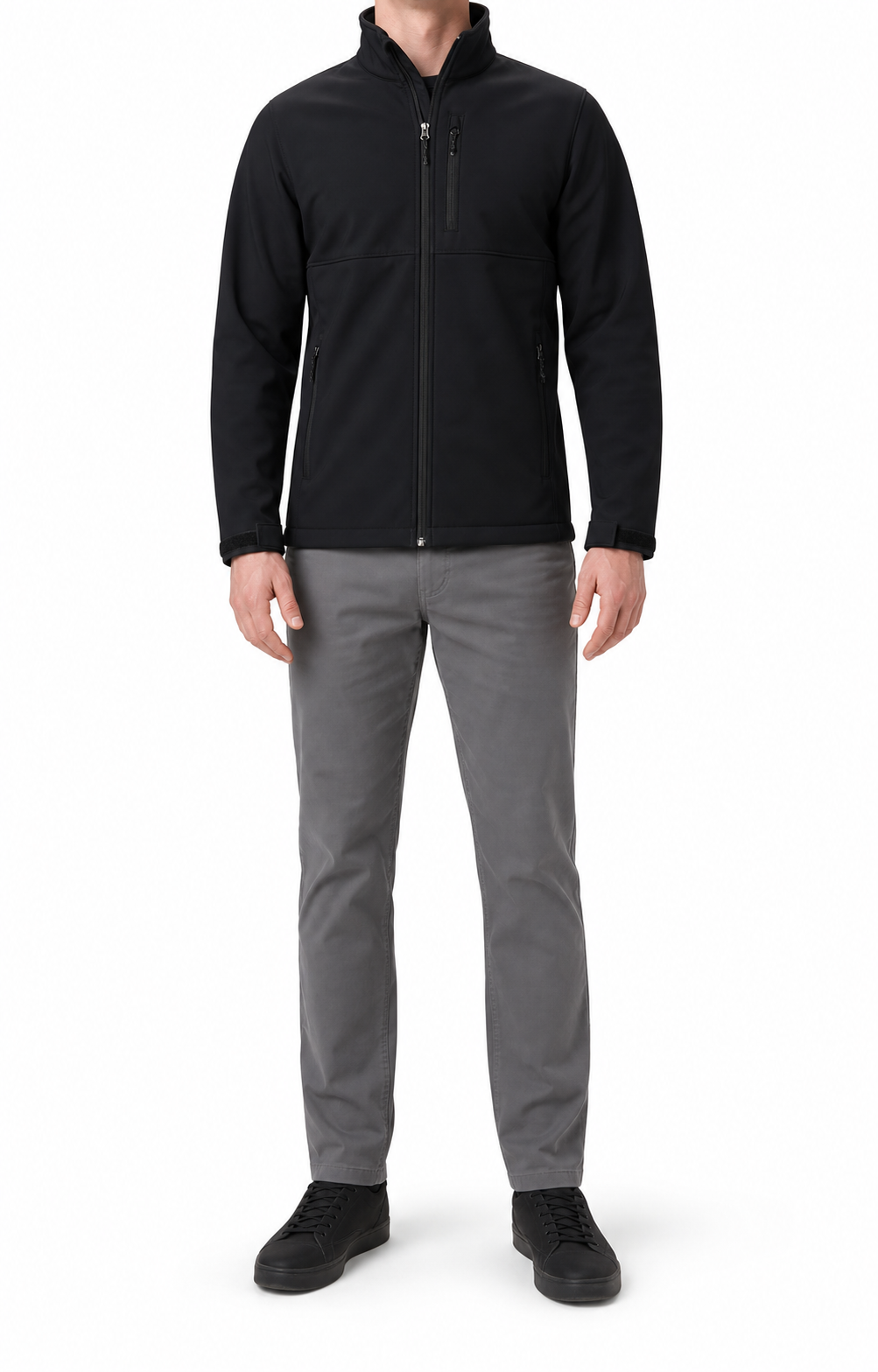 Black men's stand-collar zip jacket front view