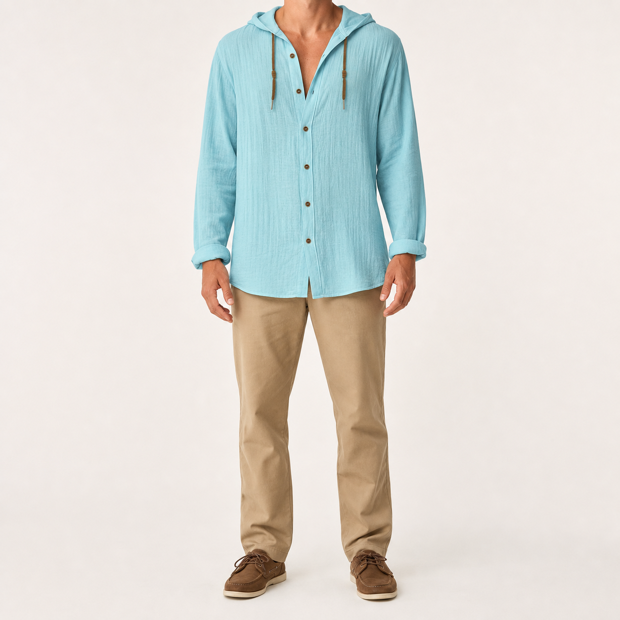 Men's light aqua hooded button shirt front view