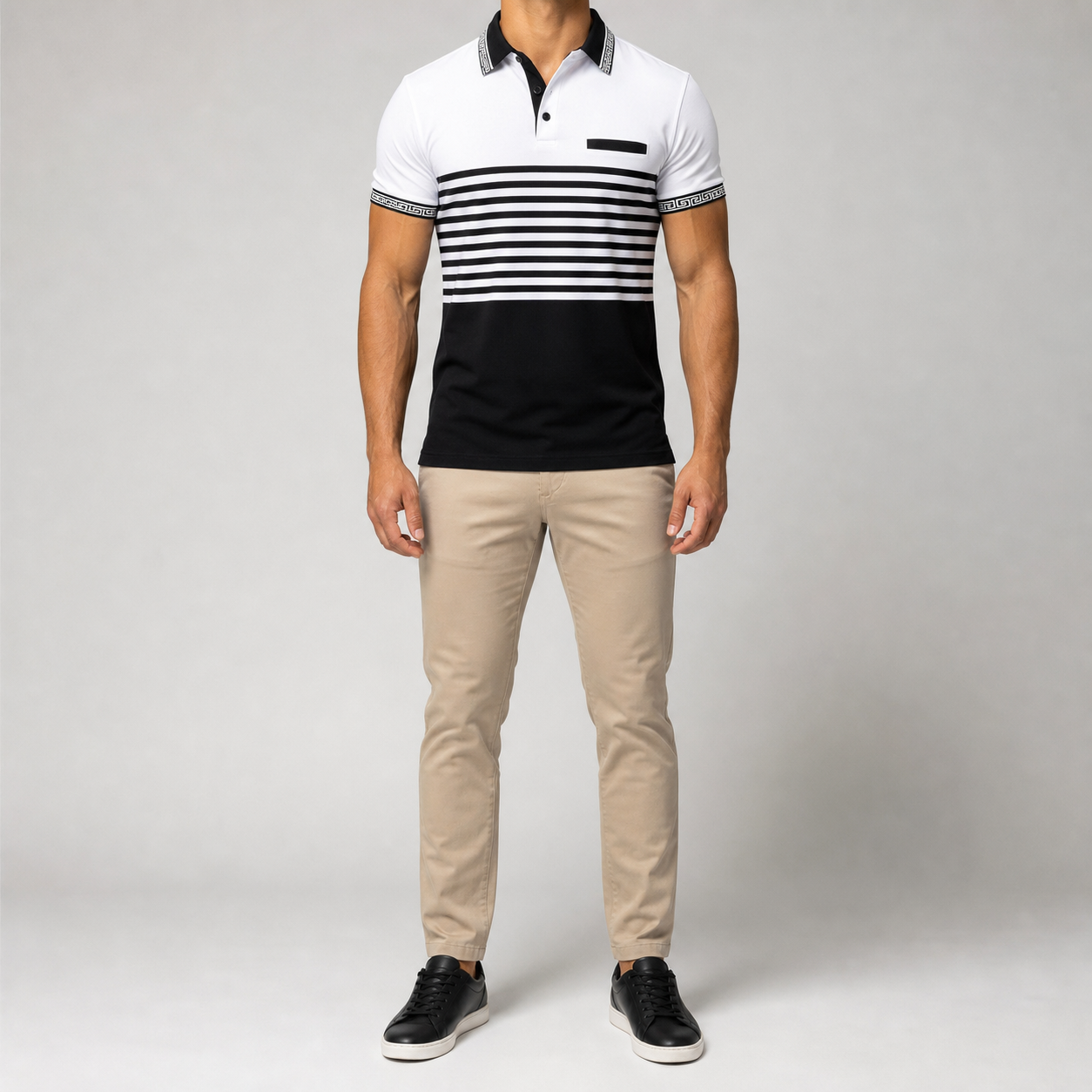 Men's color-block striped polo front view