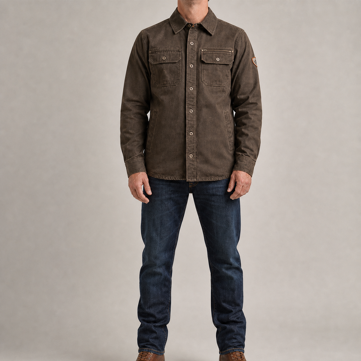 Men's weathered brown canvas utility field jacket front view