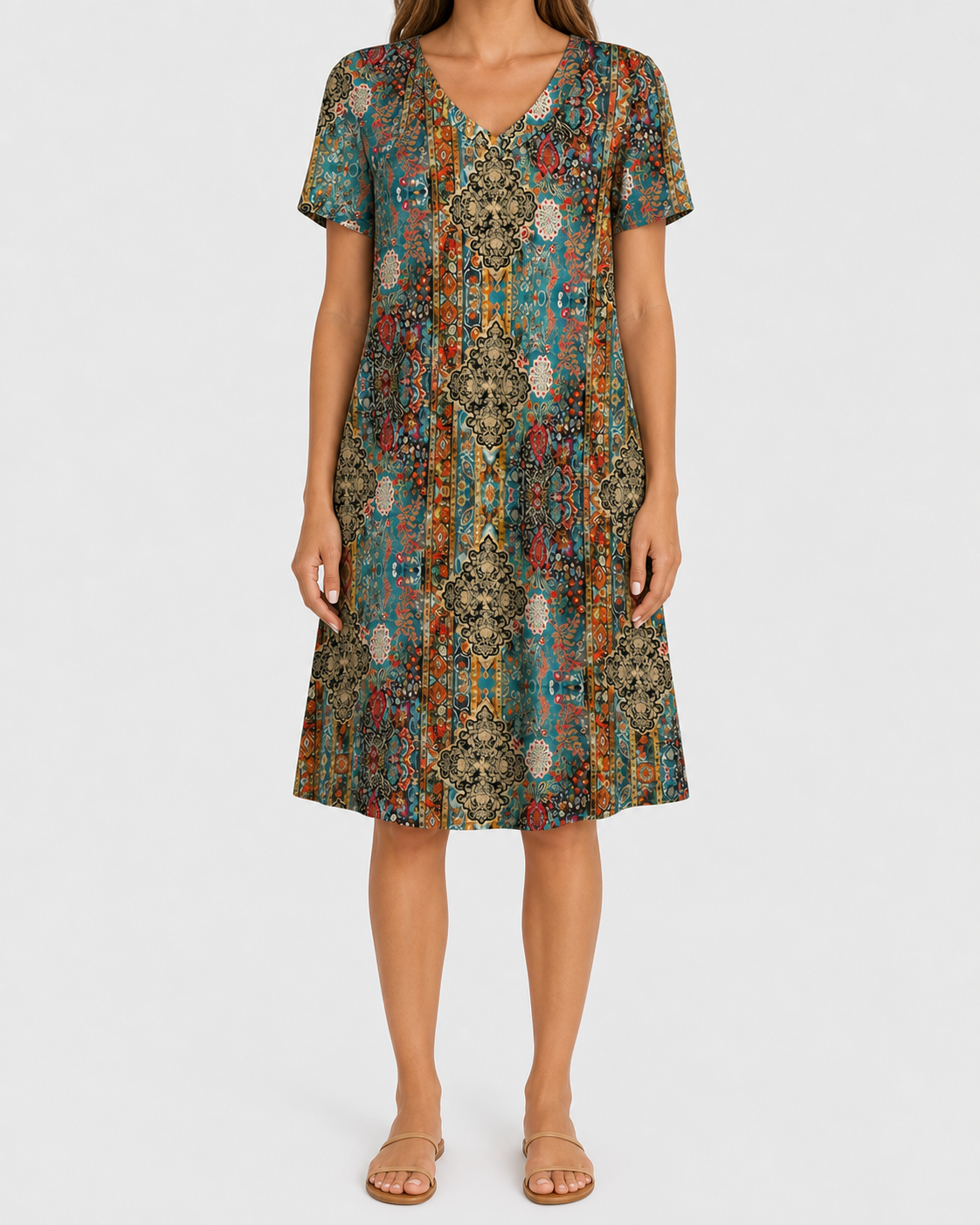 Teal ornamental print pocket dress