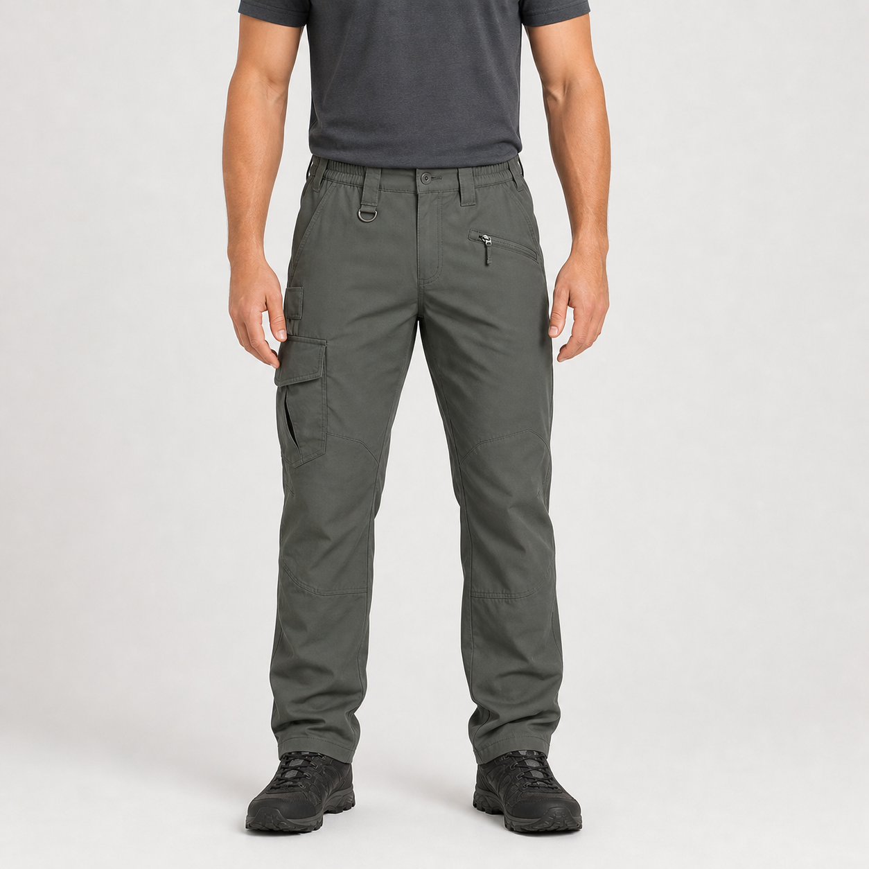 Olive gray men's cargo hiking pants front view