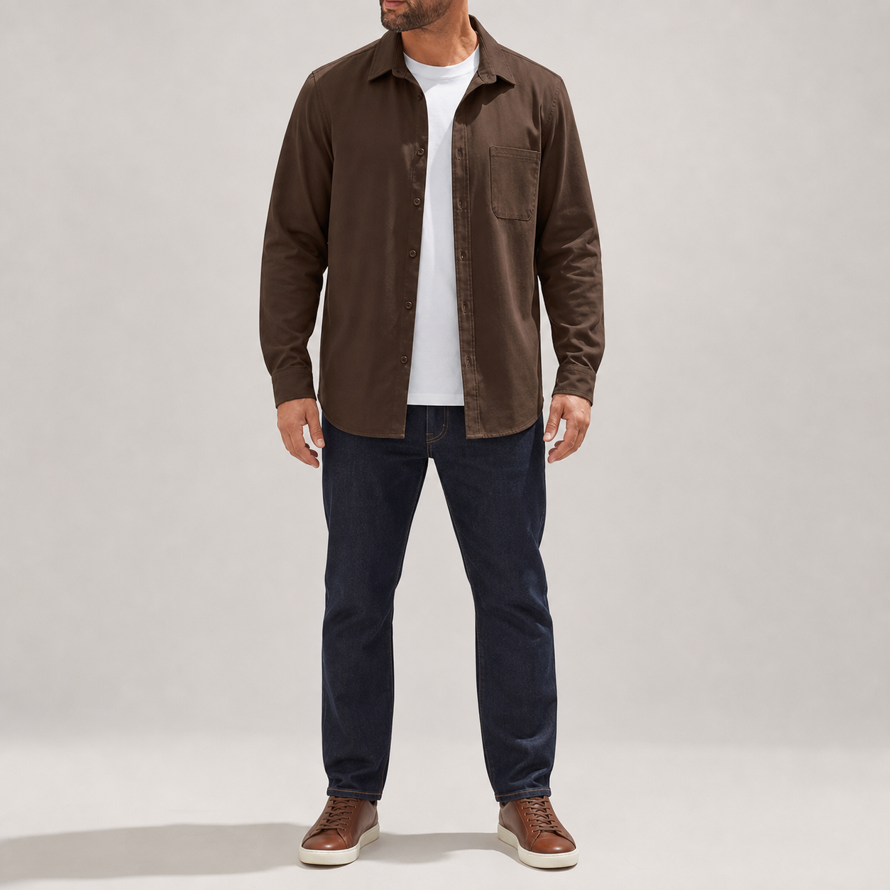 Chocolate brown men's single-pocket long-sleeve overshirt front view