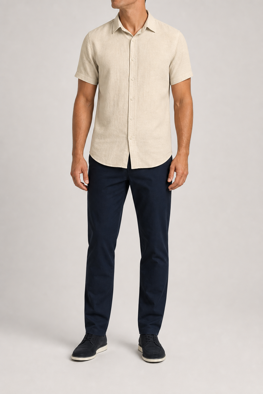 Men's beige short-sleeve linen-viscose shirt front view