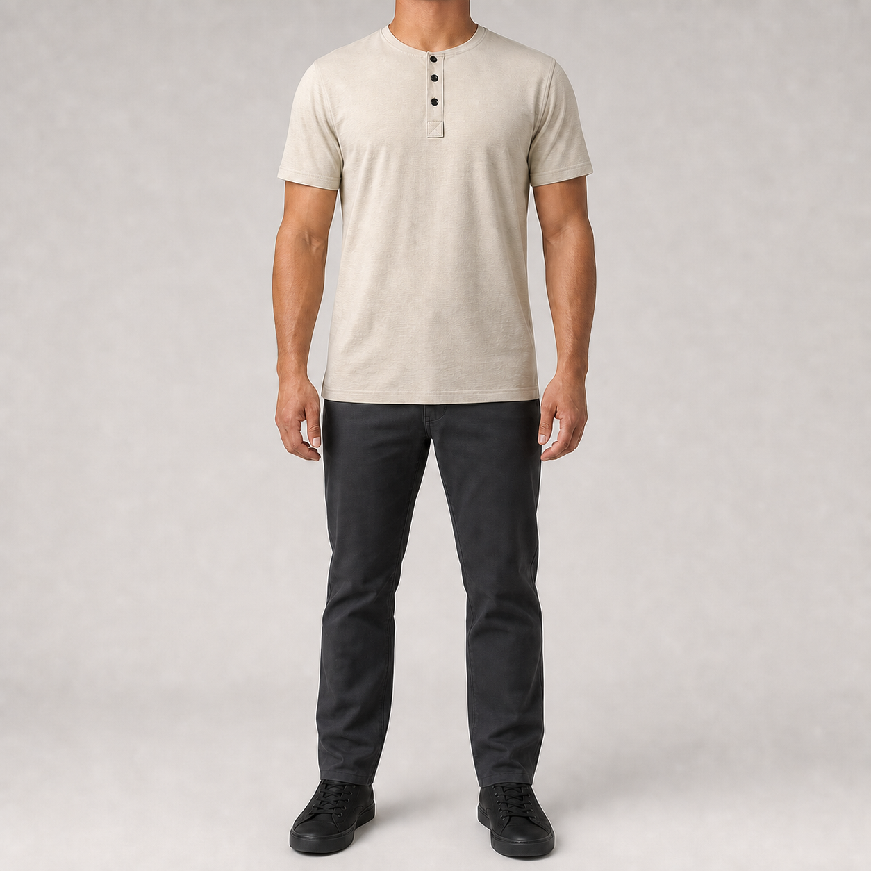 Men's oatmeal textured short sleeve Henley front view