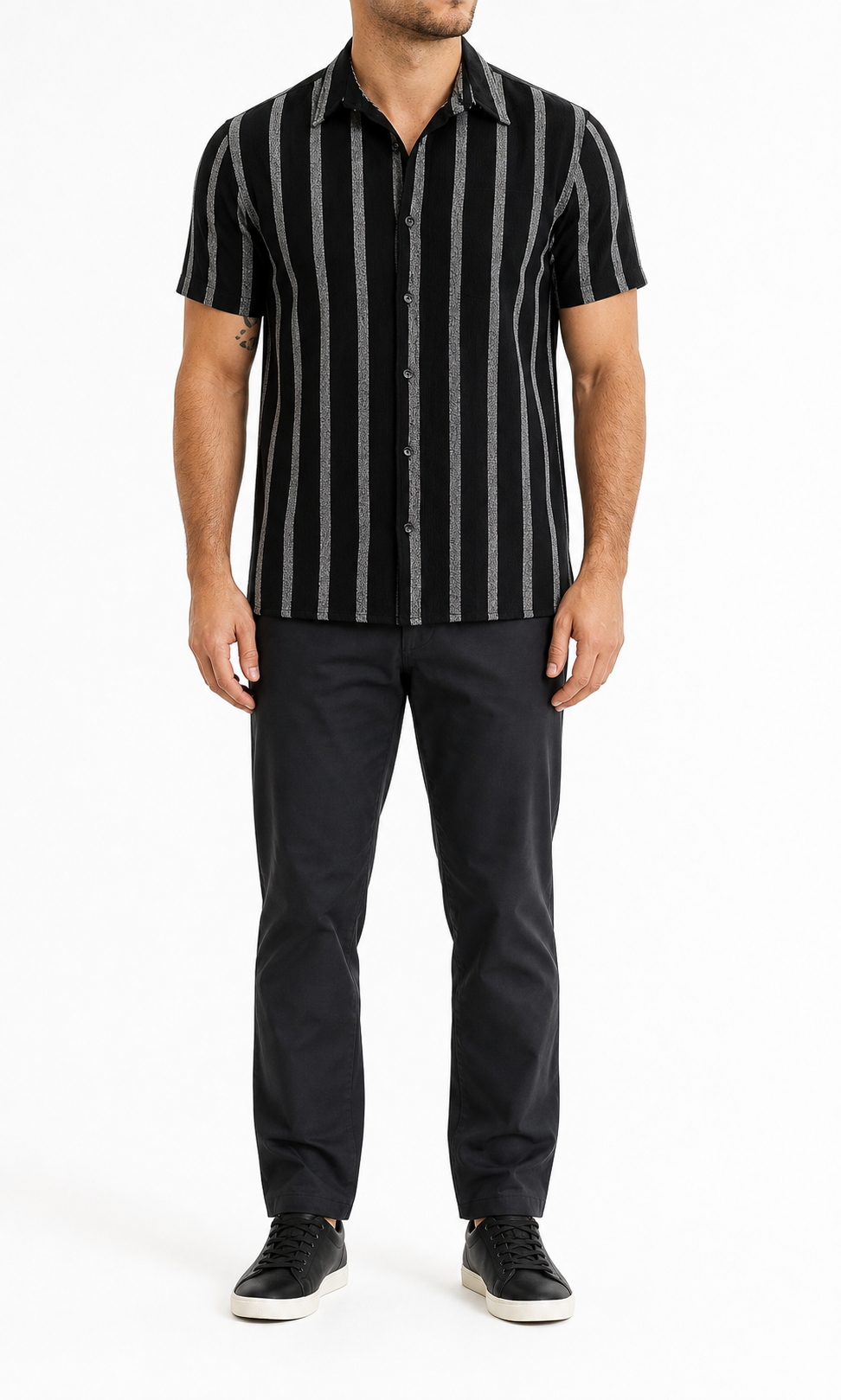 Black and gray striped men's short-sleeve shirt front view
