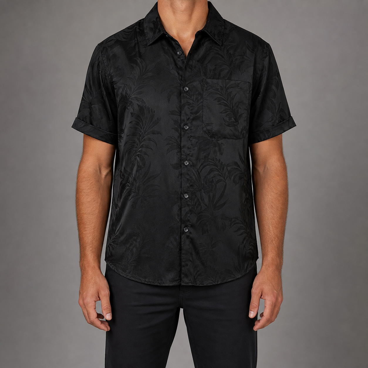 Black tonal floral jacquard shirt front view