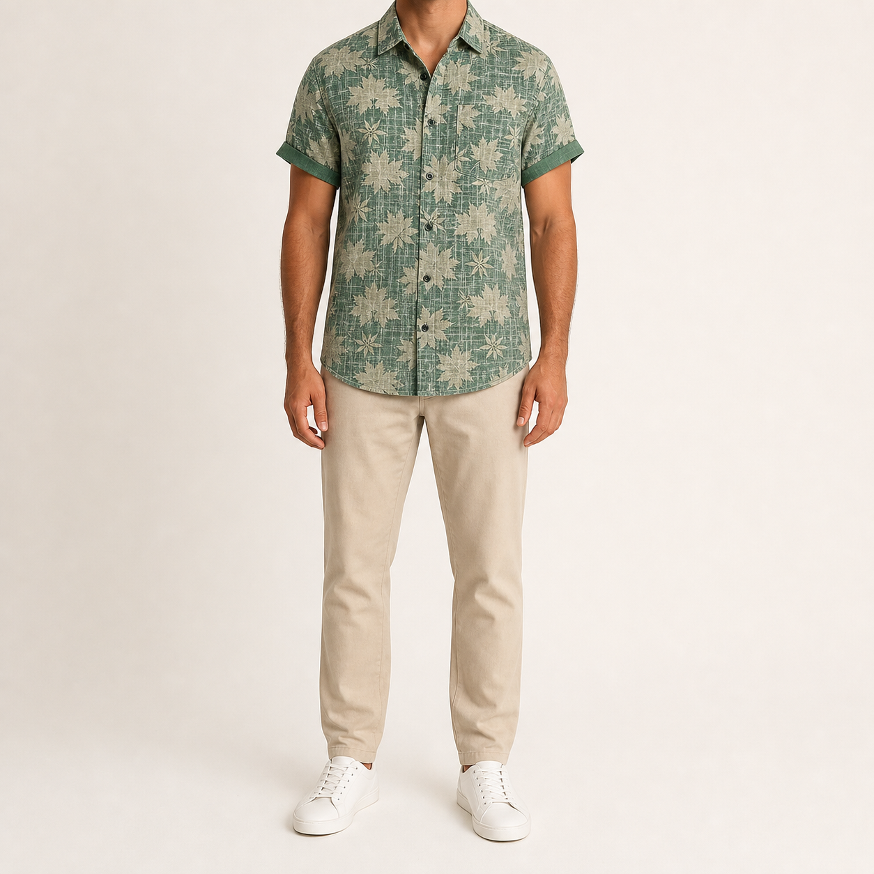 Men's sage green botanical camp collar shirt front view