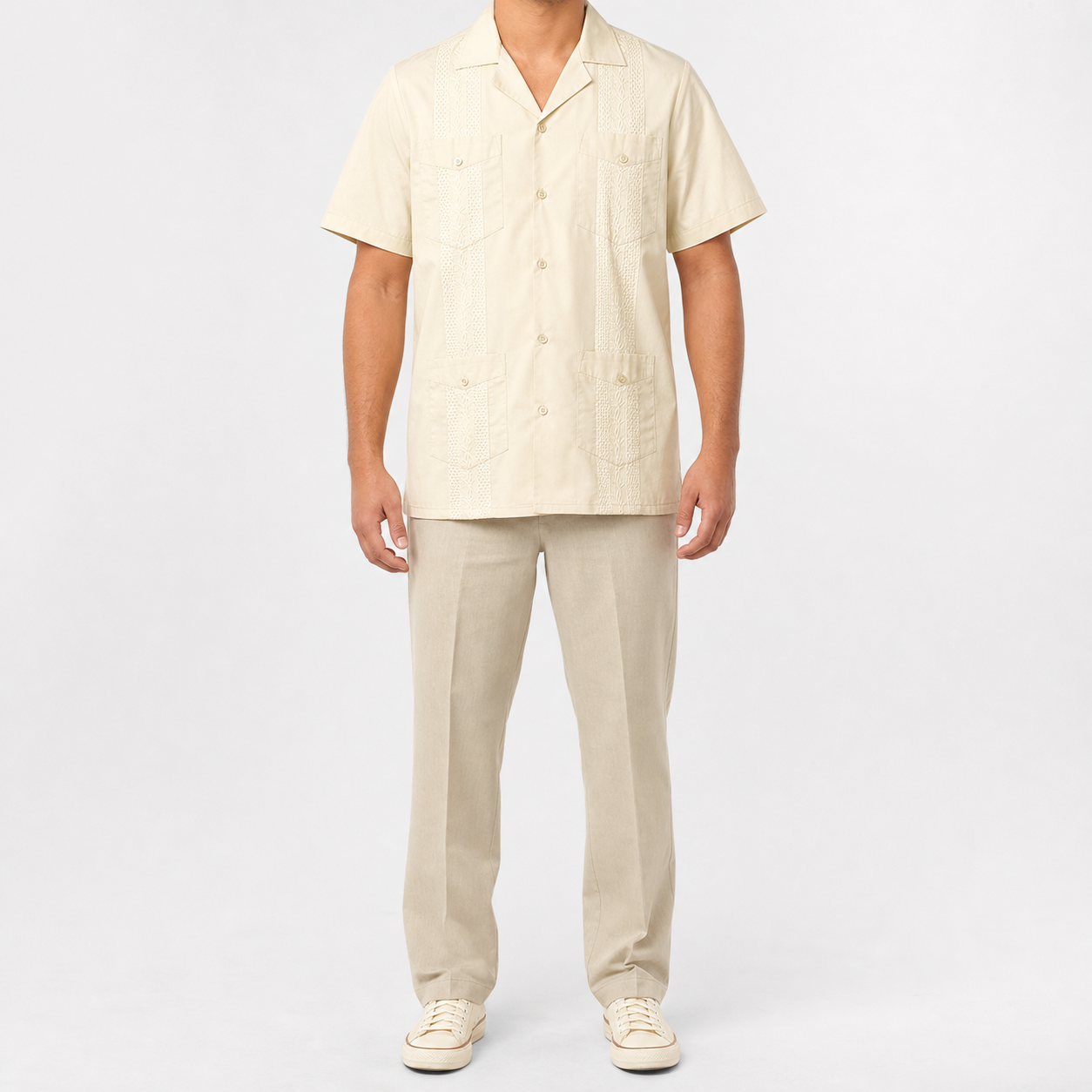 Ivory cream men's four-pocket short-sleeve guayabera shirt front view