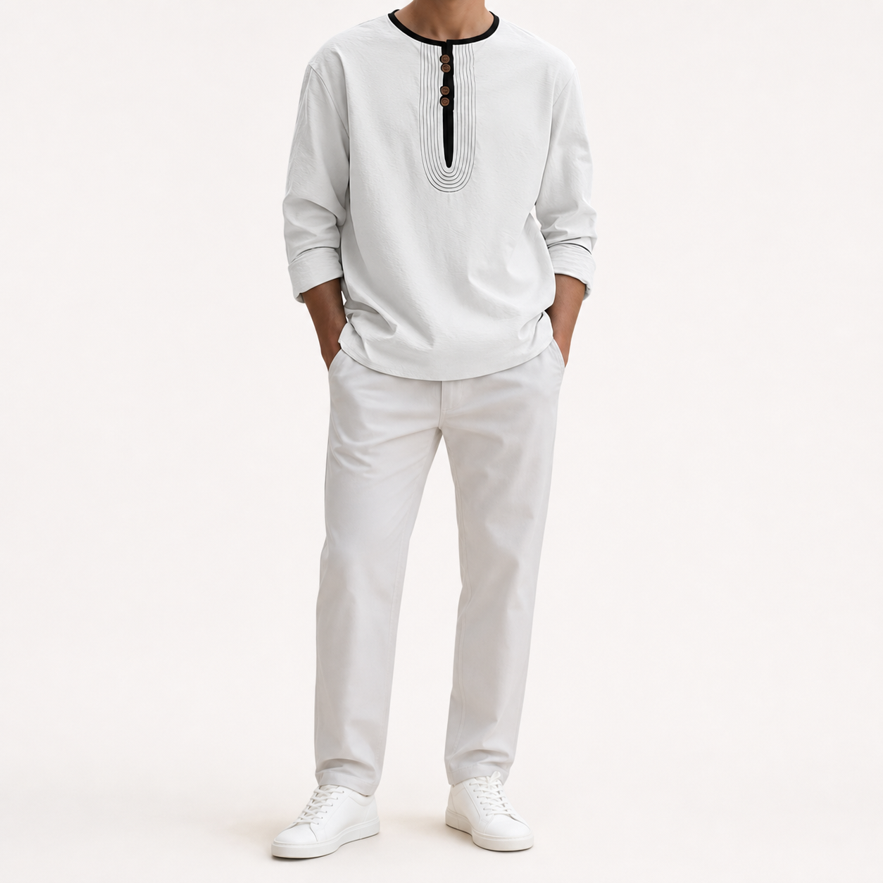 Men's soft white contrast trim long sleeve Henley front view