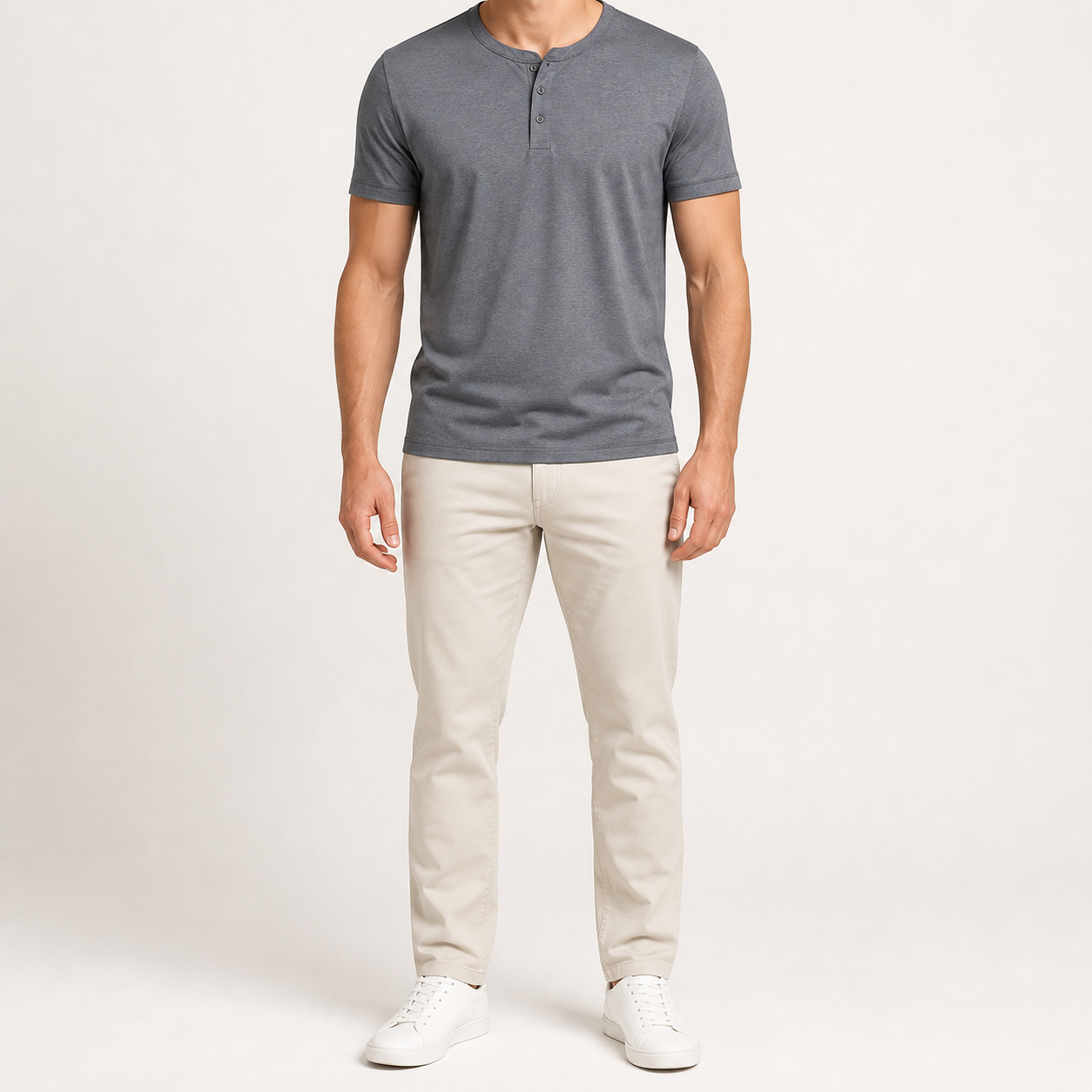 Men's charcoal heather short-sleeve three-button Henley shirt front view