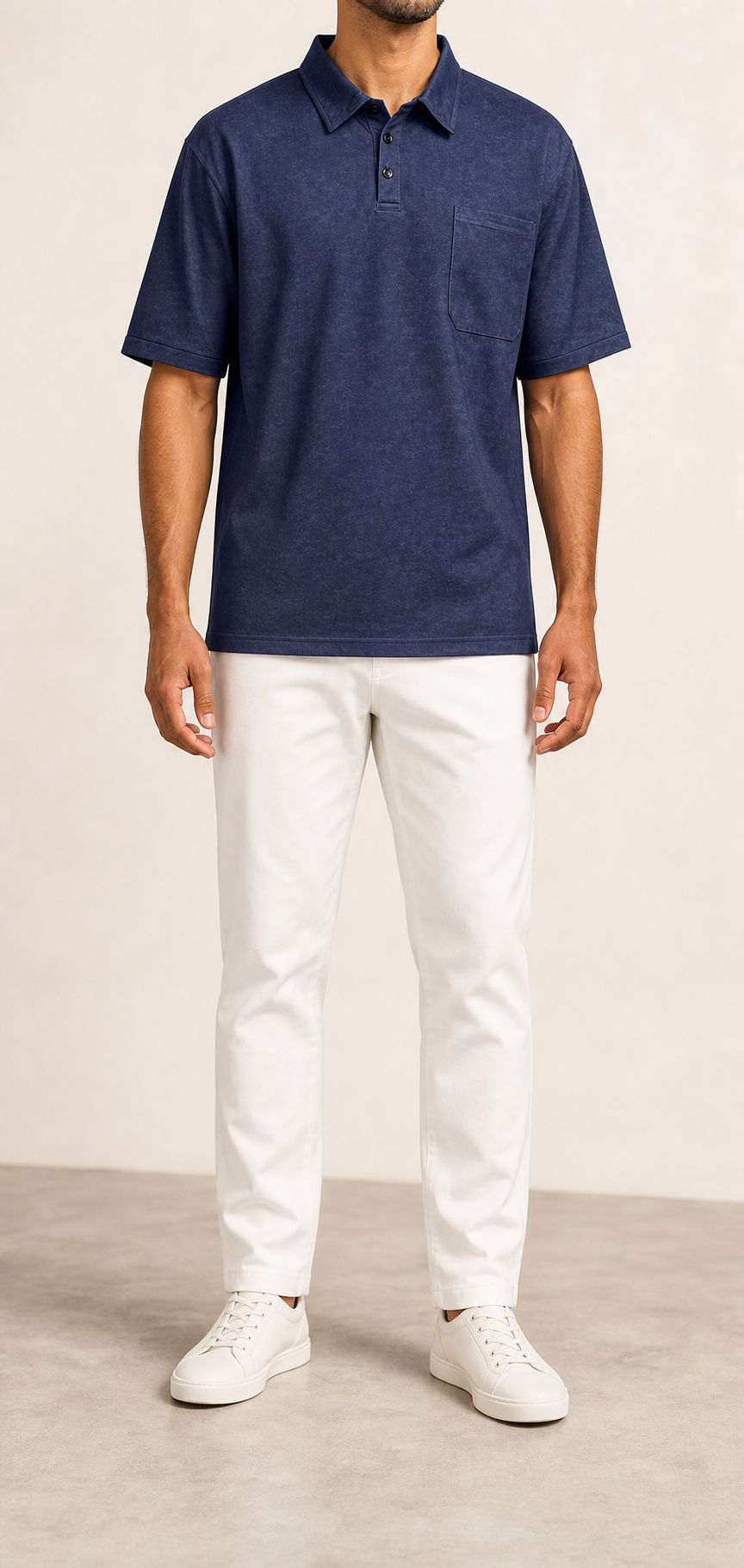 Men's washed deep navy short-sleeve pocket polo front view